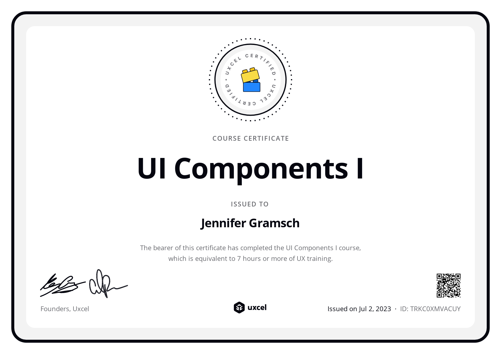 Jennifer Gramsch's certificate